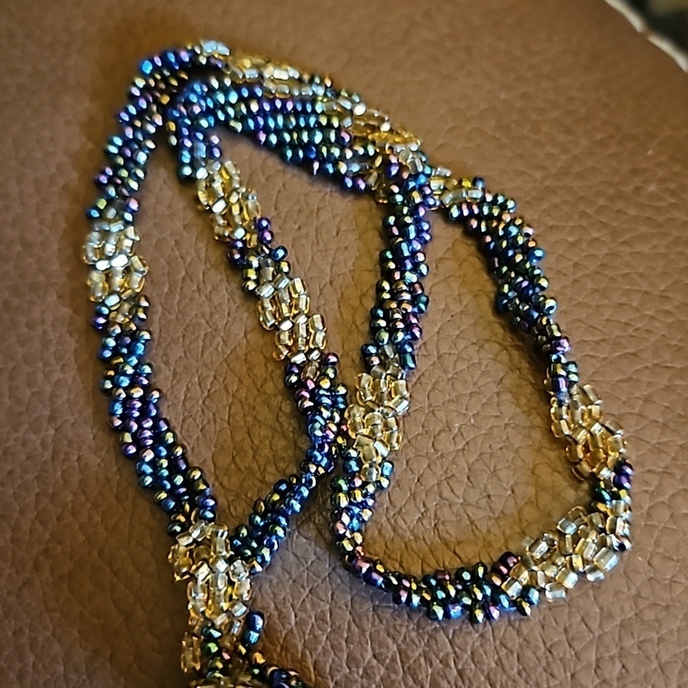 HANDMADE Woven Peacock Glass Seed Beaded Lariat Necklace - Picture 4 of 7